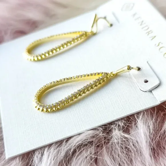 Kendra Scott Gold Payton White Crystal Small Open Frame Earrings - Picture 2 of 3